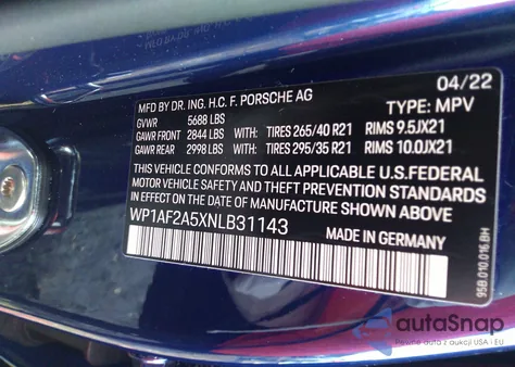 2022 Porsche Macan Gts из США, поврежденный, VIN WP1AF2A5XNLB31143